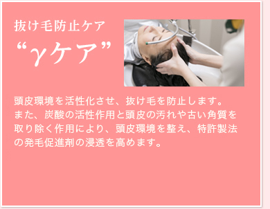 頭皮をIGF-1(成長因子)が産生されやすい状態に導き、毛母細胞を活性化させ、抜け毛を防止します。また、炭酸の血行促進作用と頭皮の汚れや古い角質を取り除く作用により、頭皮環境を整え、特許製法の発毛促進剤の浸透を高めます。