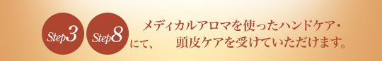 Step3・Step8 にて、メディカルアロマを使ったハンドケア・頭皮ケアを受けていただけます。