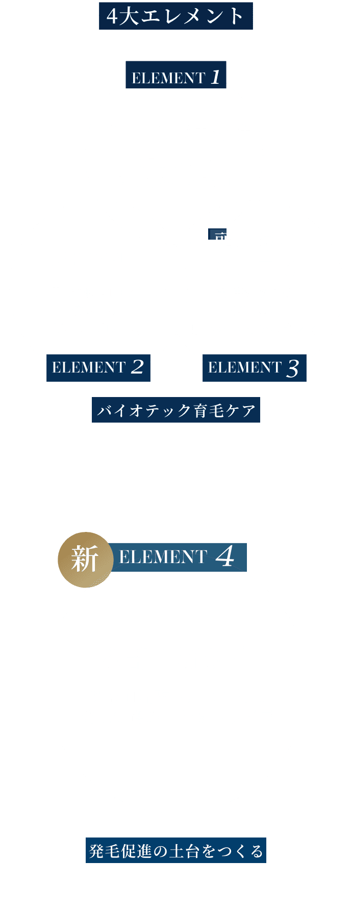ELEMENTS1.IGF-1の産生促進 IGF-1の産生を促し育毛にアクセル ELEMENTS2.DHTの抑制 DHT(脱毛ホルモン)に働きかけ脱毛にブレーキ ELEMENTS3.頭皮環境の正常化 角栓様物質を取り除き、身体を体内から整える + (新)ELEMENTS4.深部血流改善 深部血流改善により常に発毛促進の土台をドライブ